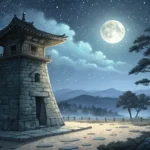 Illustration of the ancient Korean Cheomseongdae observatory silhouetted against a mystical night sk...