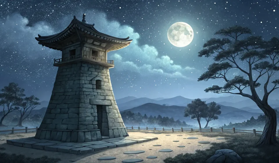 Illustration of the ancient Korean Cheomseongdae observatory silhouetted against a mystical night sk...