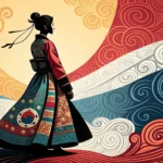 Stylized illustration of a figure in Korean hanbok looking up at a glowing comet in a swirling galax...