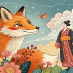 Korean folk art style illustration of a fox and witch in a misty pine forest with a glowing potion,...