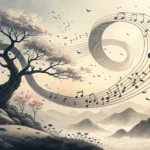 Swirling Korean ink brush strokes turning into musical notes and ghostly wisps above a traditional H...