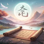 A glowing Hangul character hovers over an ancient Korean scroll against a mystical forest dawn backd...