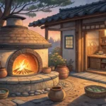 Illustration of a glowing traditional Korean hearth (Agungi) with magical embers next to a whimsical...