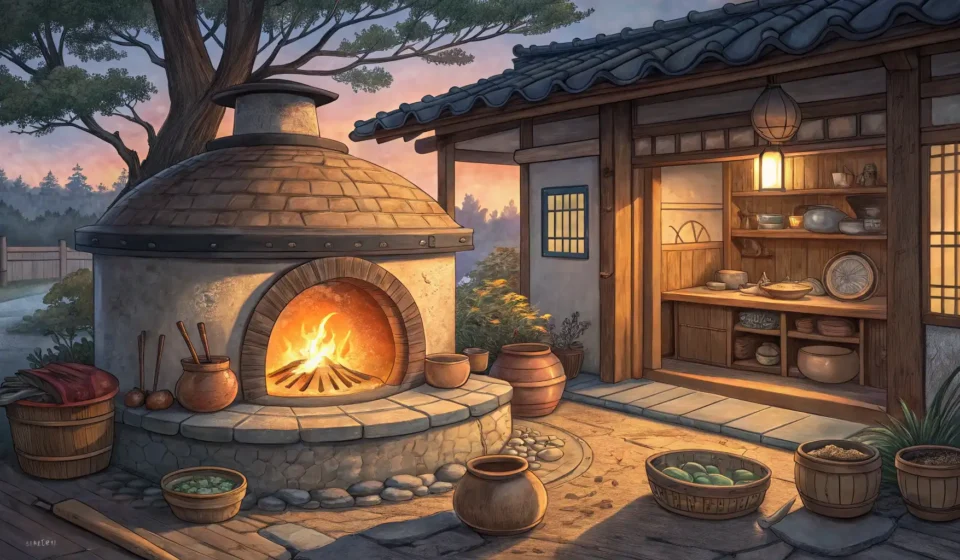 Illustration of a glowing traditional Korean hearth (Agungi) with magical embers next to a whimsical...