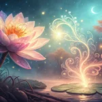 A magically glowing flower blooms next to floating Hangul characters, symbolizing the creation of fa...
