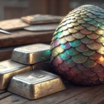 Iridescent dragon scales and polished steel ingots rest on a traditional Korean workbench, represent...