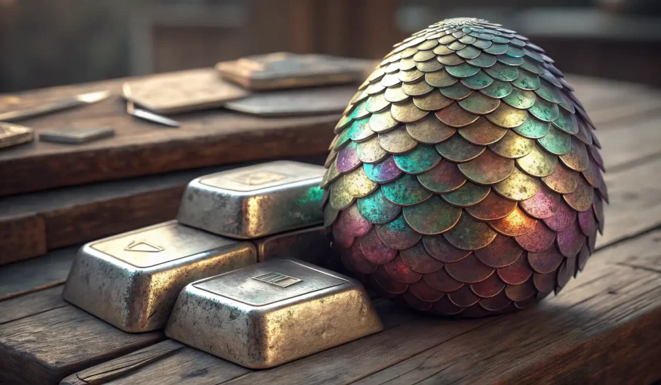 Iridescent dragon scales and polished steel ingots rest on a traditional Korean workbench, represent...
