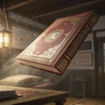 Stylized illustration of a glowing traditional Korean book floating in a library corner illuminated...