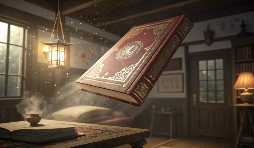 Stylized illustration of a glowing traditional Korean book floating in a library corner illuminated...