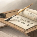 A traditional Korean ink brush and glowing scroll under starlight seen through a Korean window, symb...