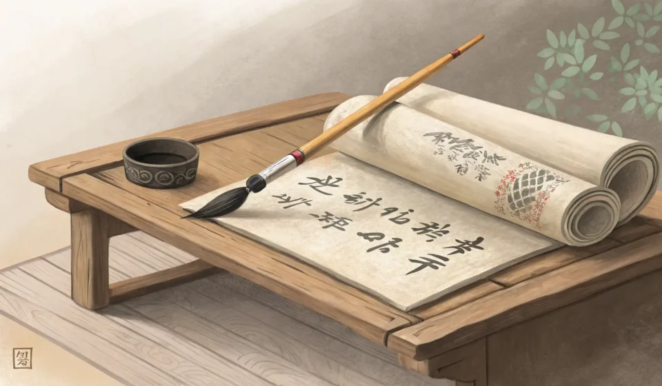 A traditional Korean ink brush and glowing scroll under starlight seen through a Korean window, symb...