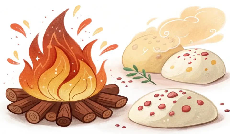 Abstract fire and dough elements with a magic spark near a Korean hanok window, symbolizing learning...