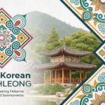 Abstract image blending Korean traditional patterns with ocean waves and a magical glow, representin...