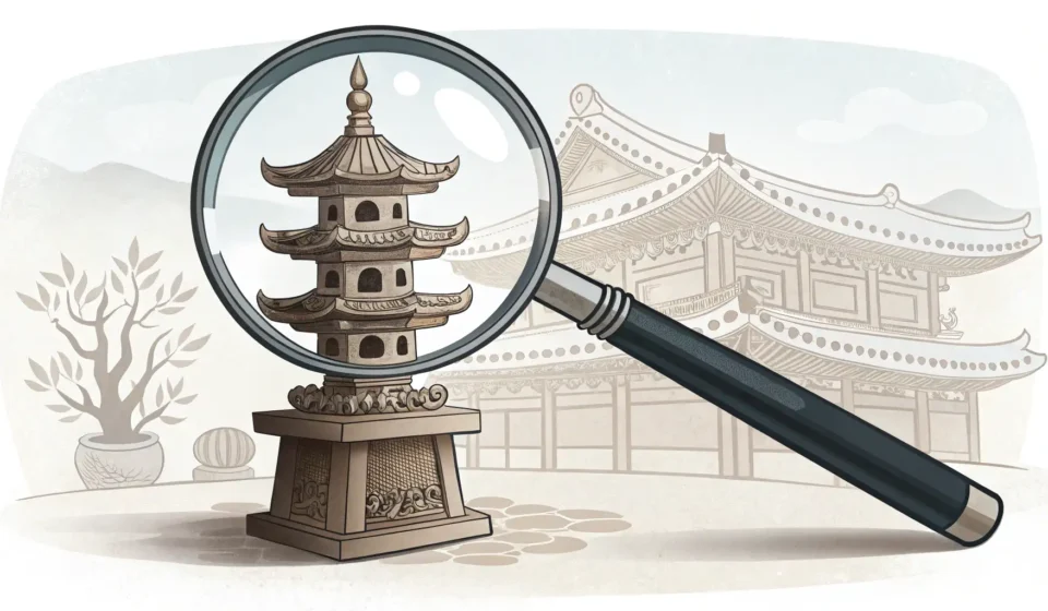 A magnifying glass examines a subtly glowing candle in a traditional Korean holder against a mysteri...