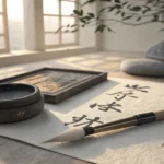 Abstract image symbolizing learning complex Korean phrases, featuring Korean calligraphy tools with...