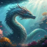 Mystical underwater scene with a Korean Imugi sea serpent silhouette and glowing flora, representing...