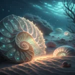 Glowing seashells, one decorated with Korean traditional patterns, symbolizing learning fantasy voca...