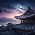 Silhouette of a traditional Korean Hanok house rooftop against a dramatic purple and indigo twilight...