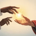Stylized illustration symbolizing negotiation: two hands exchanging a glowing ember against a backgr...