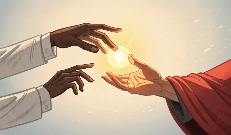Stylized illustration symbolizing negotiation: two hands exchanging a glowing ember against a backgr...