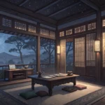 Illustration of a traditional Korean study room at twilight, with a magical glow emanating from an o...