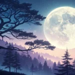 Stylized image of a full moon over a Korean pine forest at night, with a silver beam of light illumi...