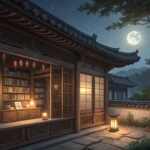 Moonlit traditional Korean bookshelf with scrolls and glowing dust motes, representing learning imag...