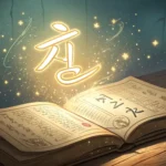 A glowing Korean Hangul character '마' floats magically above an ancient scroll, symbolizing learning...