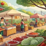 Illustration depicting a lively Korean farmer's market (직거래장터 - jikgeoraejangteo) with abundant fres...