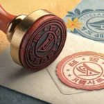 A traditional Korean seal (dojang) poised above a document beside stacks of Korean Won currency, rep...