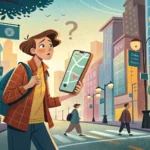 Illustration depicting a person using a map app to locate a bus stop on a busy street in Korea, repr...