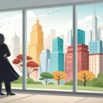 Illustration of a person looking towards the Seoul skyline, representing the search for job informat...