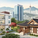 Illustration depicting a magnifying glass examining various types of Korean housing like an officete...