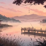 Serene illustration of a Korean fishing spot (nak-ssi-teo) with a wooden pier on a calm lake, symbol...