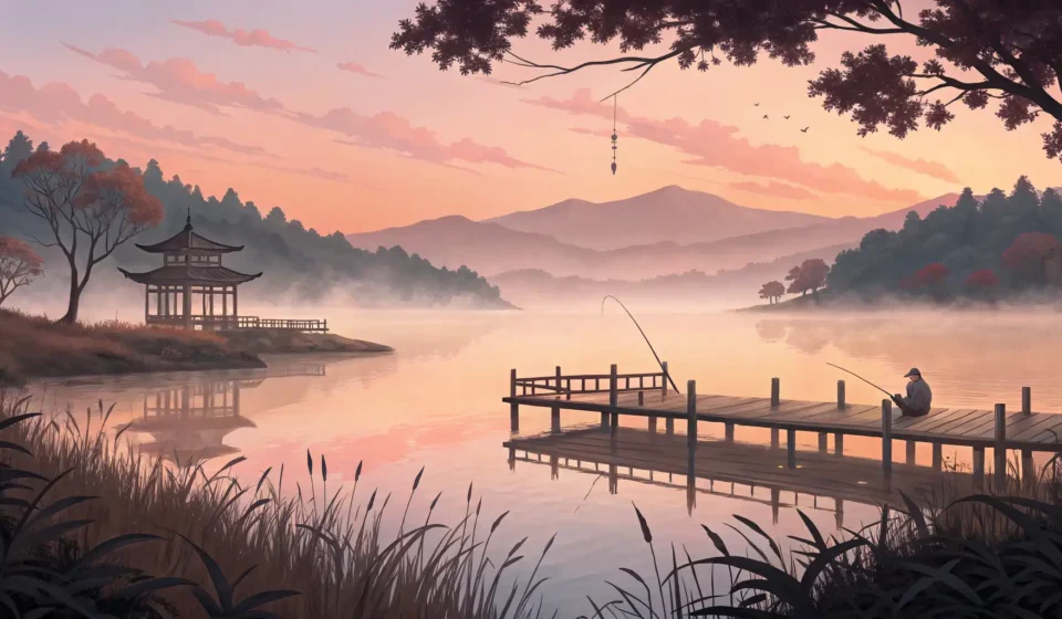Serene illustration of a Korean fishing spot (nak-ssi-teo) with a wooden pier on a calm lake, symbol...