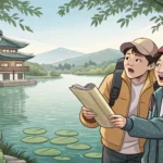 Illustration showing two friends after fishing in Korea; one looks comically sad with an empty net,...