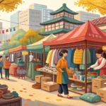 Illustration depicting a lively Korean flea market stall with diverse second-hand goods, symbolizing...
