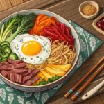 A bowl of Korean Bibimbap viewed from above, with a small red caution symbol placed next to it, repr...
