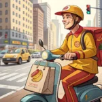 Illustration of a food delivery scooter driver navigating a Korean city street, symbolizing ordering...