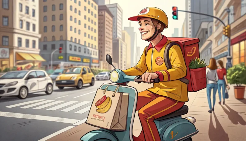 Illustration of a food delivery scooter driver navigating a Korean city street, symbolizing ordering...
