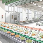 Illustration of packaged Korean food items on a conveyor belt inside a modern food processing facili...