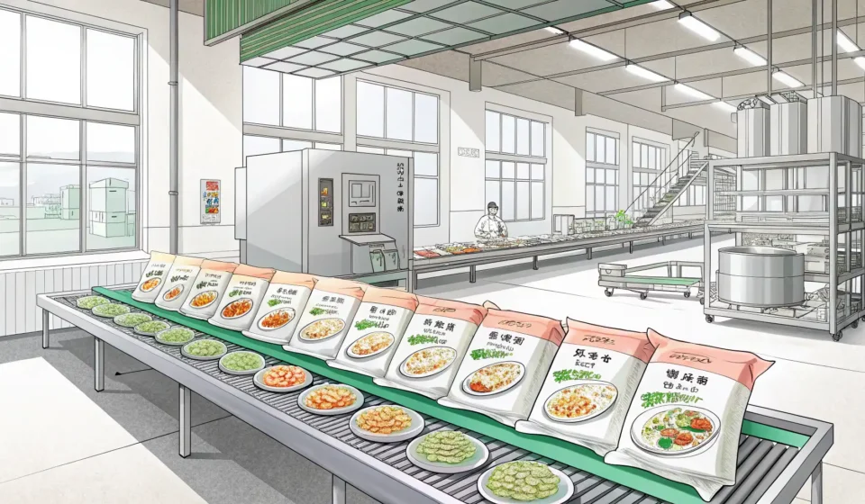 Illustration of packaged Korean food items on a conveyor belt inside a modern food processing facili...