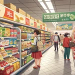 A modern Korean supermarket aisle displaying various packaged and processed foods, illustrating the...