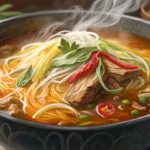 A close-up photo of a steaming bowl of Korean noodle soup served without cilantro, illustrating a Ko...