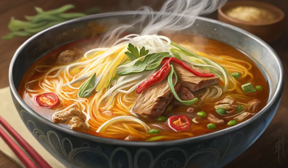 A close-up photo of a steaming bowl of Korean noodle soup served without cilantro, illustrating a Ko...