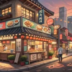 Illustration of a Korean street corner featuring various food service businesses like restaurants, c...