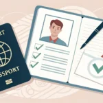 Illustration symbolizing the Korean Foreigner Registration Card application process, showing a passp...