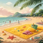 Beach towel on the sand at a sunny Korean beach with accessories laid out, highlighting a missing su...