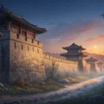 An old Korean stone fortress wall shrouded in mist at dusk, symbolizing Korean legends and ghost sto...