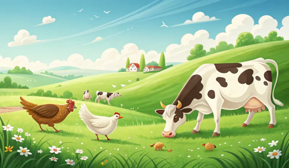 Happy cows and chickens grazing on a lush green pasture, illustrating the concept of Korean free-ran...
